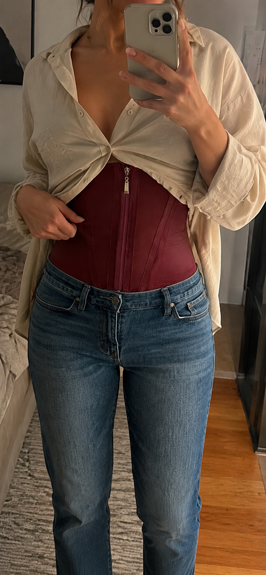 Second burgundy corset mirror selfie from Natalie C.