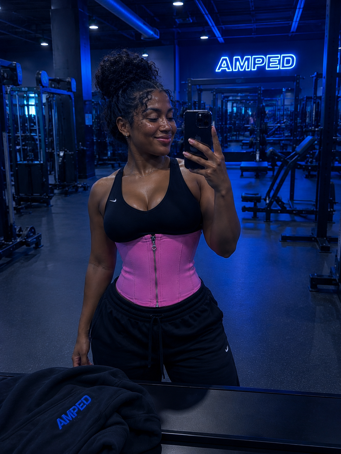 Alyssa R. wearing the pink ZENTRA corset in a gym mirror selfie